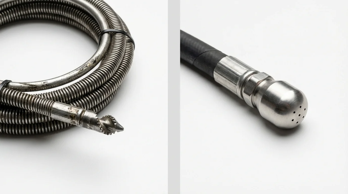 Drain snake cable and hydro jetting nozzle used for drain cleaning in Wells, MN
