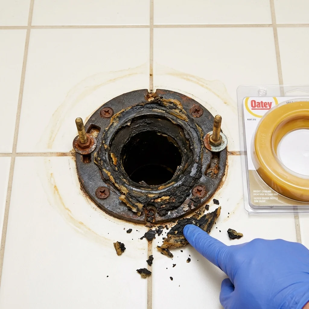 Failed wax ring showing water seepage at the base of a toilet in a Wells, MN home