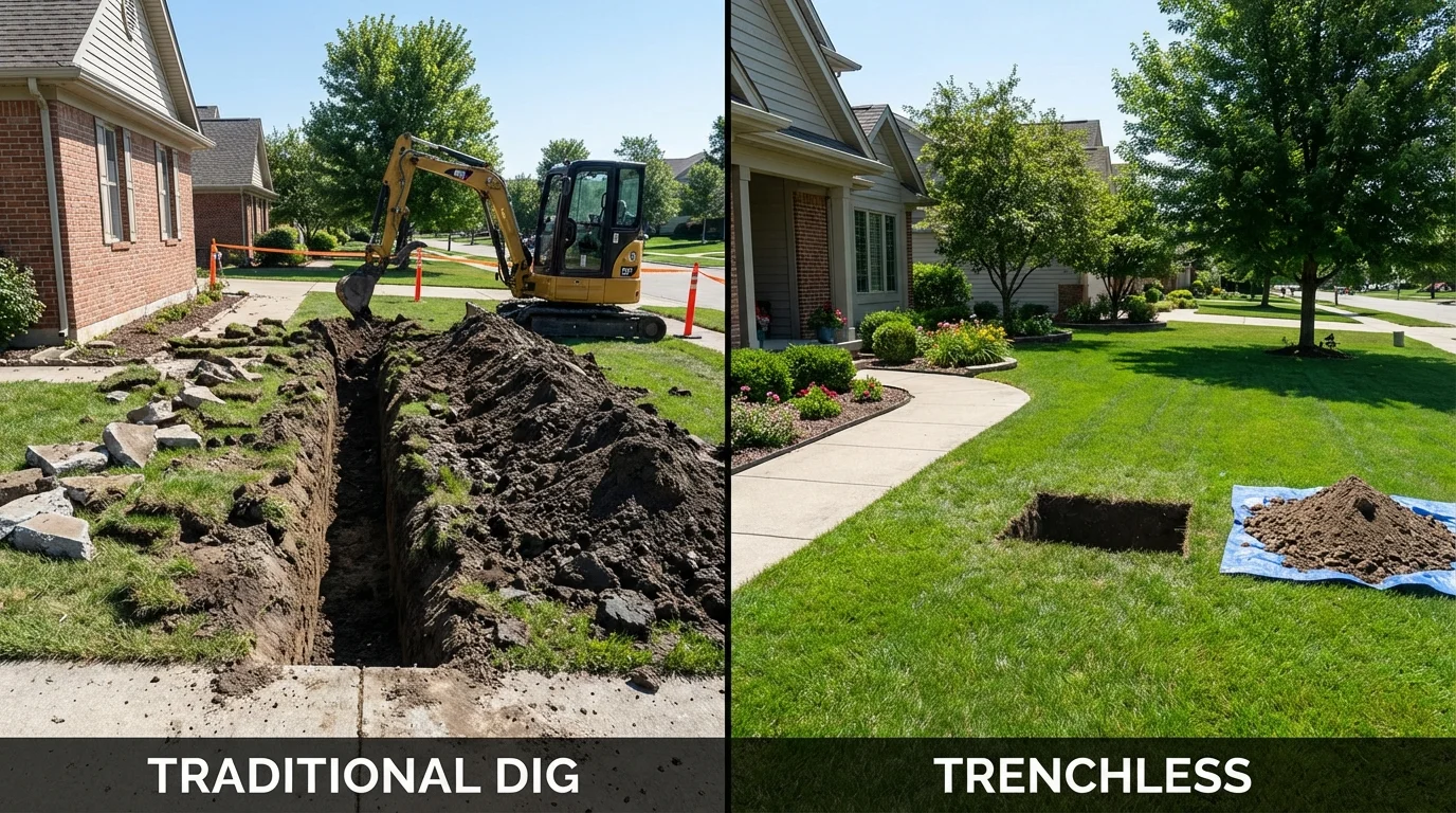Trenchless sewer repair with minimal yard damage versus traditional excavation in Wells, MN